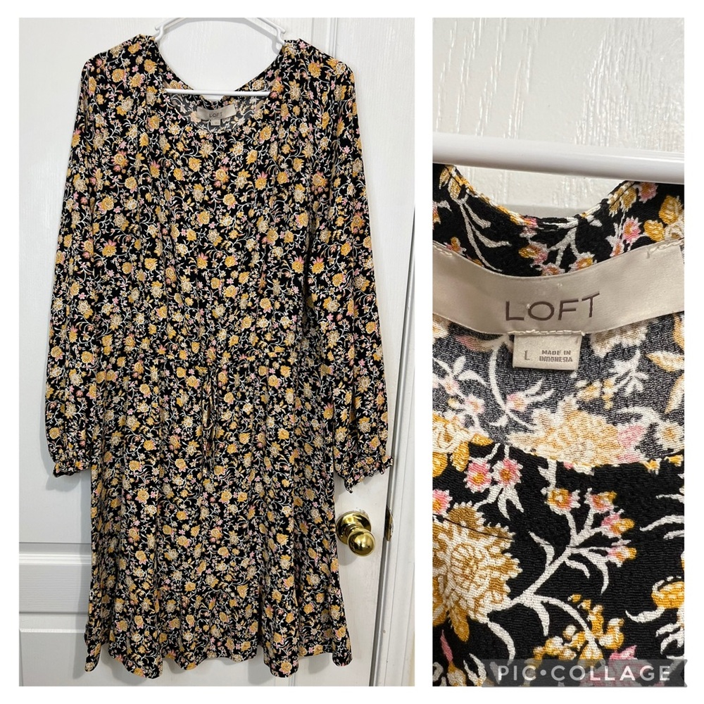 LOFT Floral Black and Yellow Dress